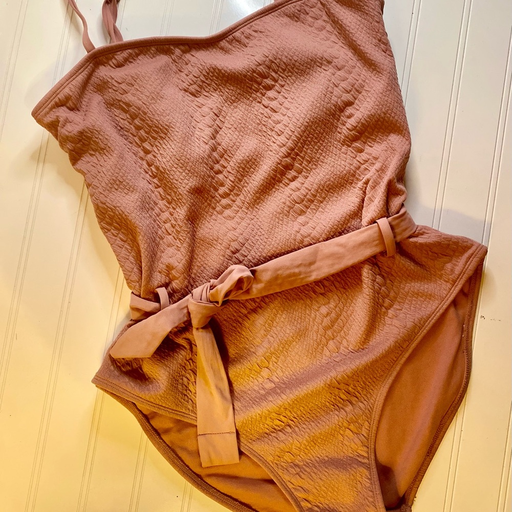 Time and Tru Mauve Textured One-Piece Swimsuit with Tie Belt